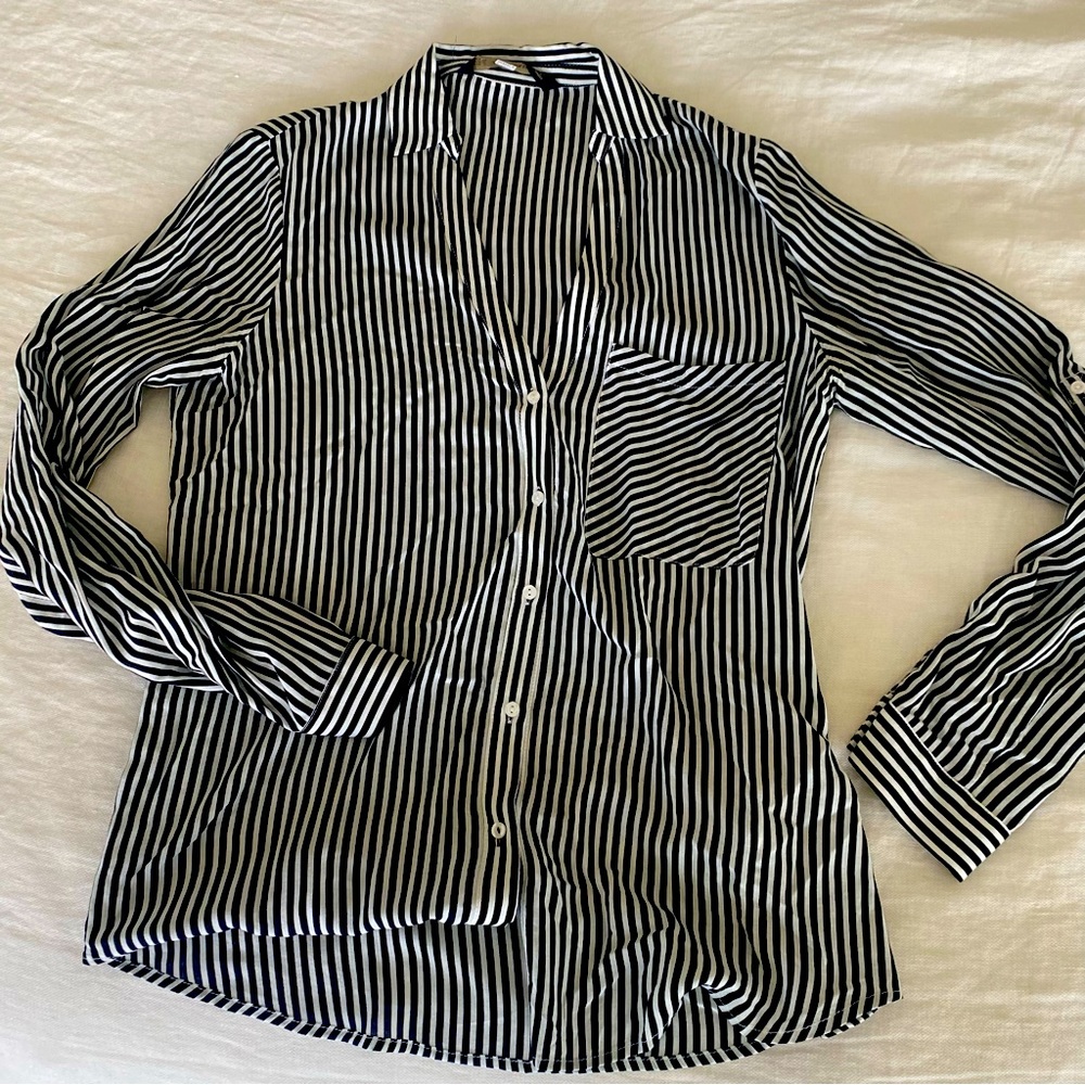 Zara basics striped button up blouse shirt black white